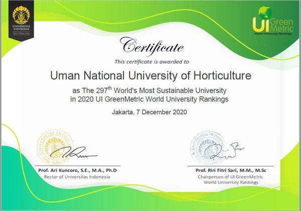 UI GreenMetric-2020: у світовому рейтингу екологічності кампусів Уманський НУС посів 2 місце в Україні