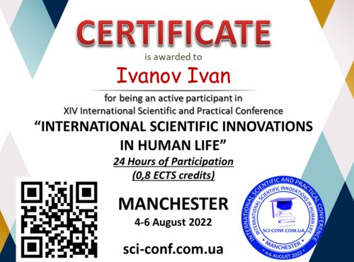 XIV Міжнародна науково-практична конференція, «INTERNATIONAL SCIENTIFIC INNOVATIONS IN HUMAN LIFE» 4-6 серпня 2022 Манчестер, Великобританія