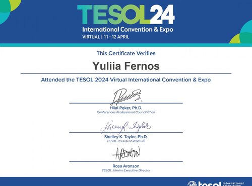 Доцент кафедри української та іноземних мов Юлія Фернос взяла участь у TESOL Virtual Convention 2024